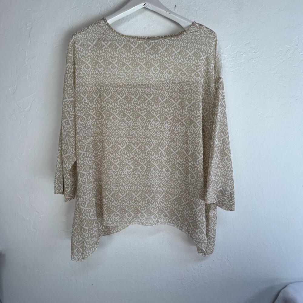 Chico’s Womens Woodblock Geo Lucinda Tan Sheer Lace Top Size 2 Splitback Casual